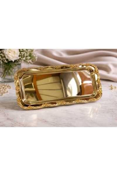 defnem home 1 Adet Çelik Gold Baton Tepsi, Sunum Tepsisi, Çay, Kahve Tepsisi