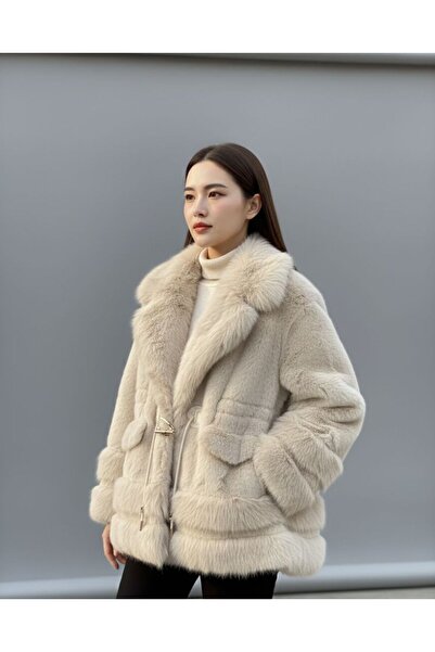 Rabiossa Women's Premium Drawstring Waist Design Fur Coat