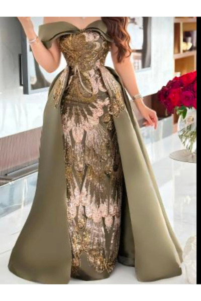 TREN Olive Green Sequin Gown Off Shoulder Embroidered Evening Dress Train For...