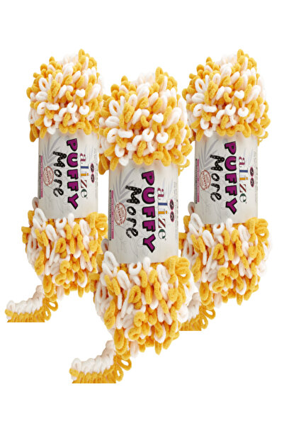 Alize Puffy More Hand Knitting Yarn 3 Pieces – 6282 Yellow White – 150 Gr. 11...