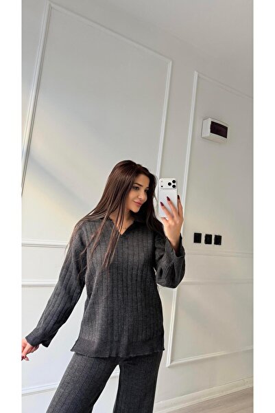 Daves طقم بنطلون تريكو بياقة بولو ذو ملمس ناعم بلون الأنثراسيت