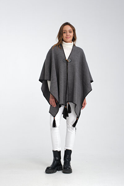 VEGA MODA Plain Fisherman Stitch Knitwear Button Detailed Stylish Design Ponc...