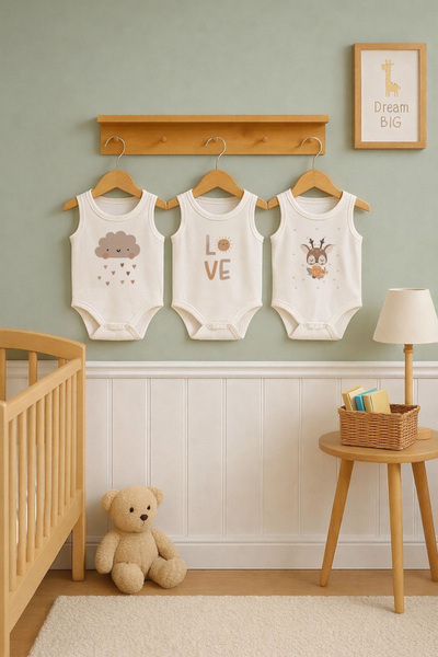 bebeqon % 100 Pamuk 3 lü Geyikli Beyaz Kolsuz Body