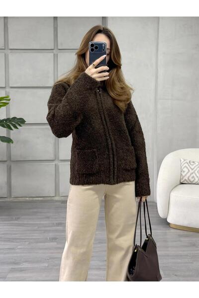 Coral Dik Yaka Fermuarlı Peluş Hırka 3184 Kahve