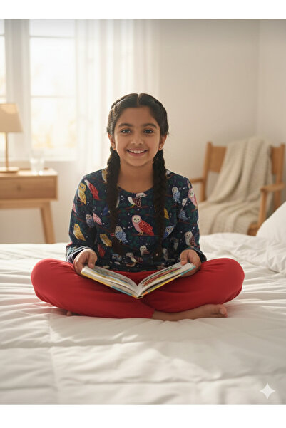 CRAZY MONKEY Owl Patterned Cotton Waiter Size Girl's Pajama Set