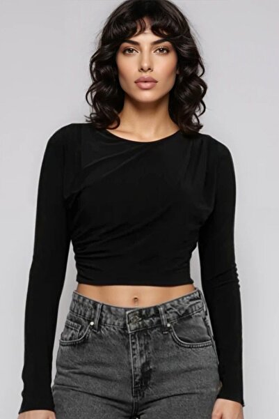 Trend Alaçatı Stili Women's black crew neck accessory and draped sandy crop b...
