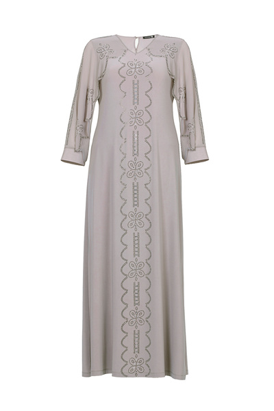 MİYORO Large Size Women's Evening Dress with Laser Cut Stone Detail on the Sl...