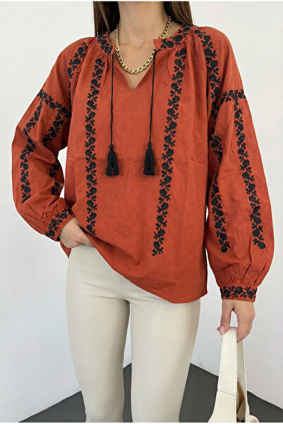 FEMELLE Women's Tile Oversized Wide-Fit Cotton Blouse with Tassels at the Nec...