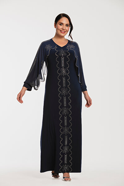 MİYORO Large Size Women's Evening Dress with Laser Cut Stone Detail on the Sl...