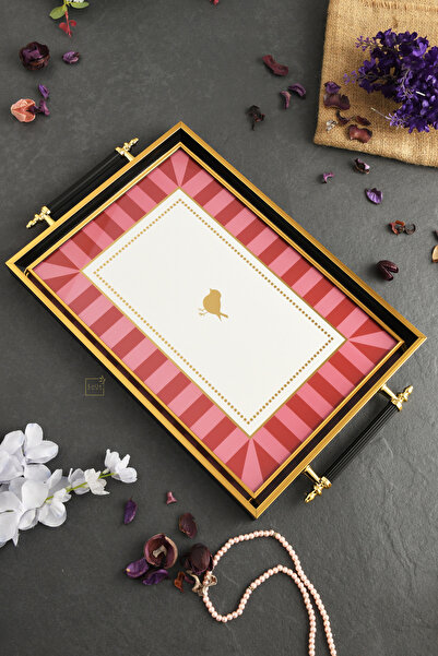 Leila Love Bird Patterned Gold-Black Framed Luxury Presentation Tray 46X28 cm...
