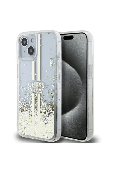 Guess iPhone 15 Plus 6.7" transparent husДѓ rigidДѓ Liquid Glitter Gold Stripes