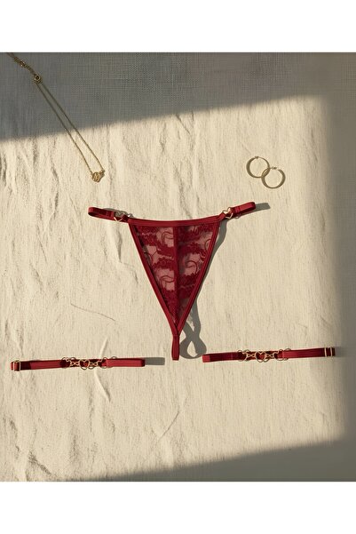 Maly Love Women's Burgundy Lace Heart Detailed Thong String with Leg Accessories