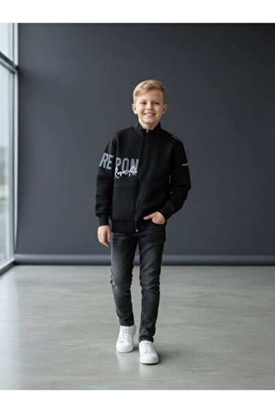 Zekids Boy's Cardigan with Text Detail Fleece-Lined Hooded