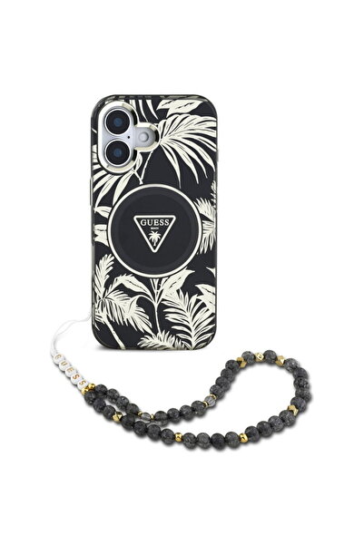 Guess Husa pentru iPhone 16 - IML Palm Trees Triangle with Pearl Strap MagSaf...