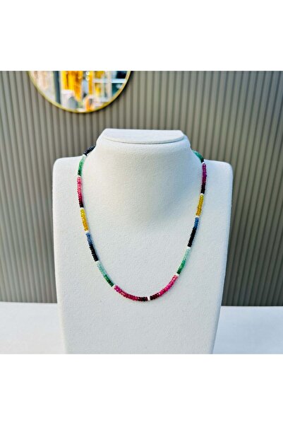 Dotamineral Yakut Zümrüt Safir ve Kum İnci Doğal Taş Kolye | Gümüş Klipsli