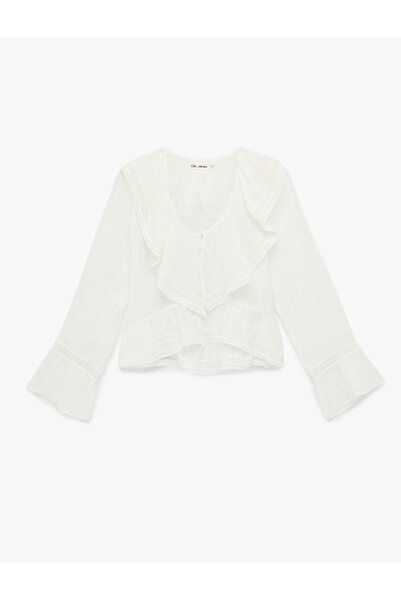 Koton Viscose Blended Flounce V-Neck Long Sleeve Blouse