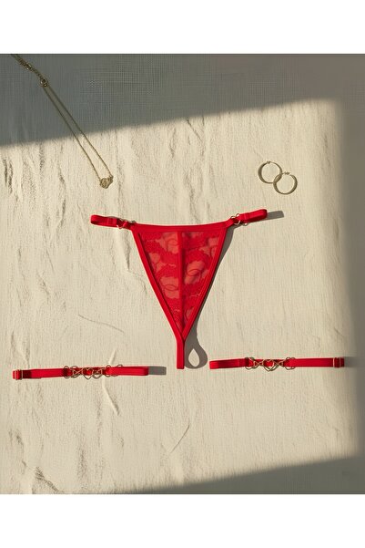 Maly Love Women's Red Lace Heart Detailed Thong String with Leg Accessories