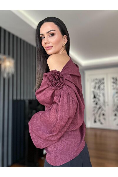 Atelier Derin Burgundy Off-Shoulder Floral Brooch Blouse