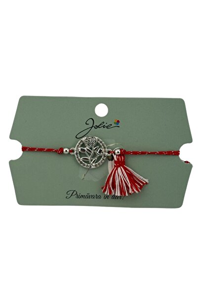 Flippy Martisor Bratara Ciucure, Snur Rosu Reglabil, Model Trandafir, Argintie