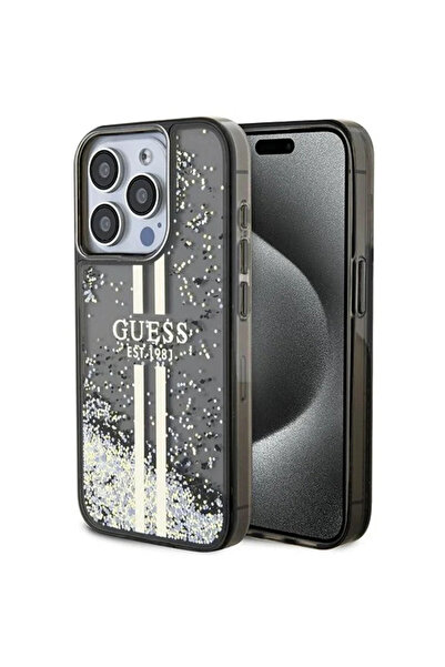 Guess iPhone 15 Pro 6.1" negru husДѓ rigidДѓ Liquid Glitter Gold Stripes
