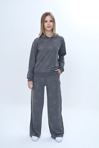 Toontoy Girl's 2-Piece Set Stone Embroidered K Hooded Sweatshirt & Elastic Wa...