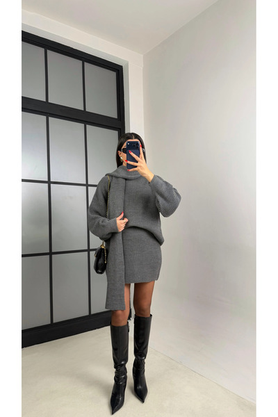 ALVOR Scarf Detailed Sweater Elastic Waist Skirt Knitted Sweater Set