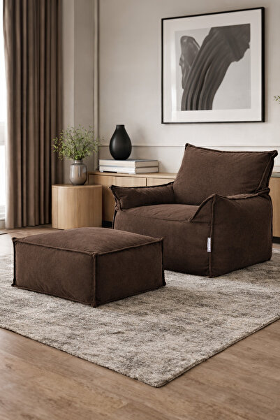 Homedius Notre Kadife Koltuk Puf Set Kahverengi