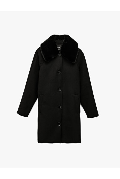 Koton Long Sleeve Belted Buttoned Detachable Faux Fur Collar Cashmere Coat