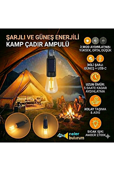 nelerbulurum ŞARJLI VE GÜNEŞ ENERJİLİ 3 IŞIK MODLU AMBER RENK ASMA KANCALI EL...