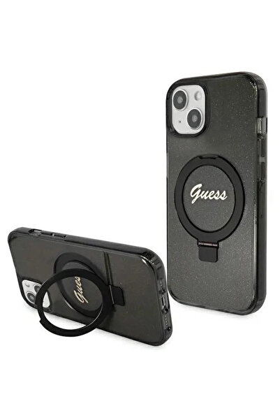 Guess Ring Stand Script Glitter MagSafe for iPhone 15 – black