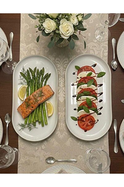 Güral Porselen Bilbao 2-Piece Small Boat Tray with Gold Mesh 30 cm