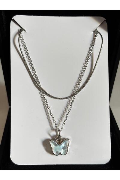 bijoux uniques çelik hologram taşlı iki zincirli kadın kolye