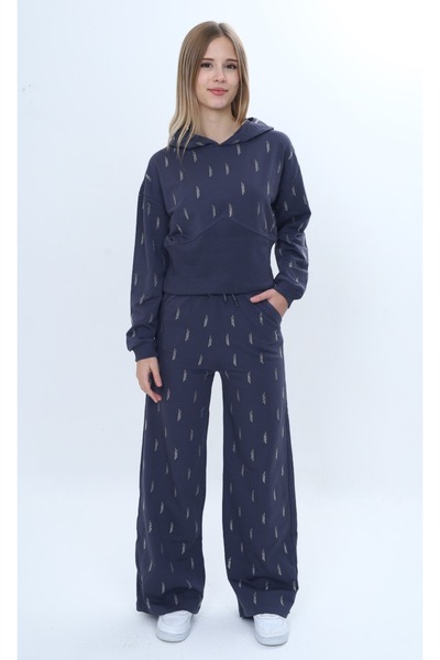 Toontoy Girl's 2-Piece Set Stone Embroidered K Hooded Sweatshirt & Elastic Wa...