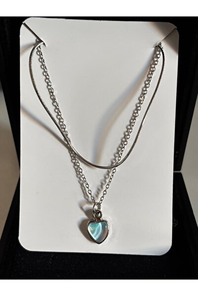 bijoux uniques çelik hologram taşlı iki zincirli kadın kolye