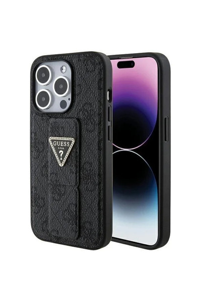 Guess HusДѓ rigida Grip Stand 4G Triangle Strass pentru iPhone 15 Pro вЂ“ negru