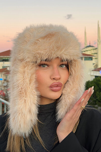 Mollycrush Luxury Women's Beige Long Furry Faux Fur Plush Furry Pilot Hat