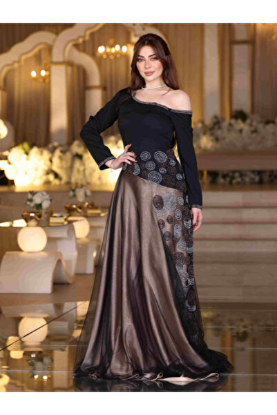 TREN Elegant Black Velvet Evening Gown with Lace Sleeves Off Shoulder Long Tr...