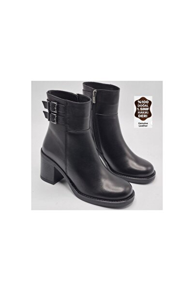 AsGlobal Genuine Leather Women's Winter Black Fleece-Lined Boots Half Boots