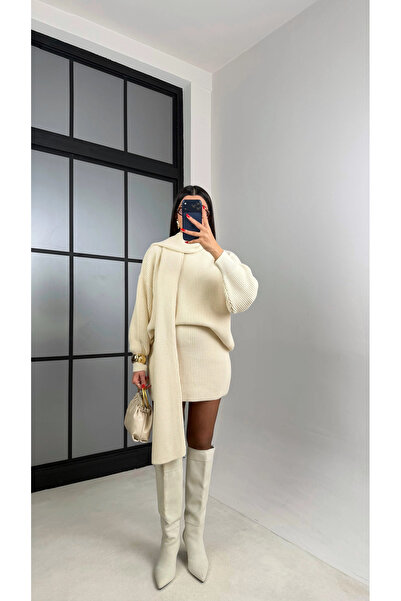 ALVOR Scarf Detailed Sweater Elastic Waist Skirt Knitted Sweater Set