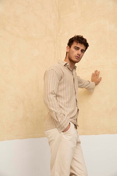 BLUE STREET Erkek Krem Relax Fit Çizgi Detay Gömlek