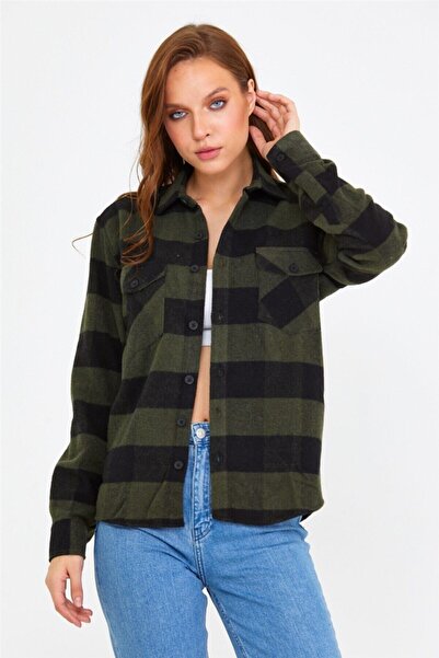 BLUE STREET Women's Khaki- Slim Fit Pocket Plaid Lumberjack Shirt-Kkkodg001R08S