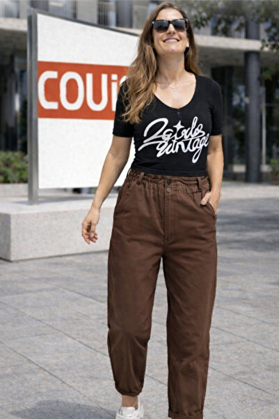 couis Coffee-Colored High-Waisted Elastic Ankle-Length Pants Without Lycra