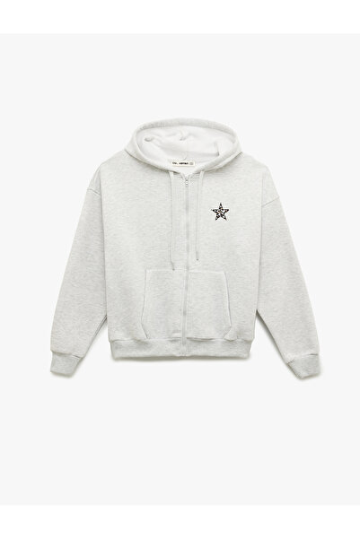 Koton Pocket Detailed Star Embroidered K Hooded Zippered O Oversized Sweatshirt
