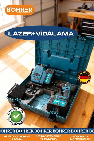 BÖHRER 36V 5AH LAZER İKİLİ SET - 16 SATIR 360 DERECE 4 KÖŞE LAZER HİZALAMA + ...