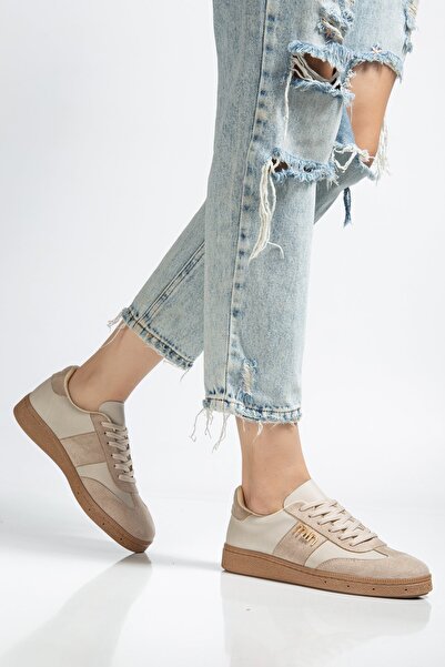BAHRİNA Women's Beige Leather Beige Suede Buckle Casual Sneaker