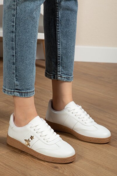 BAHRİNA Women's White Leather Butterfly Star Buckle Casual Sneaker