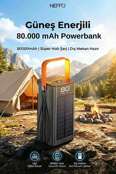 NEFFO Güneş Enerjili Solar Powerbank 80.000 mAh Dijital Göstergeli El Fenerli...
