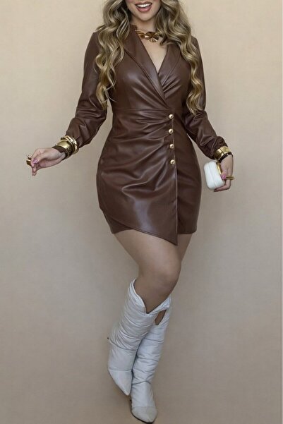 JANES Women's Long Sleeve Double-Breasted Mini Leather Dress with Collar, Fro...