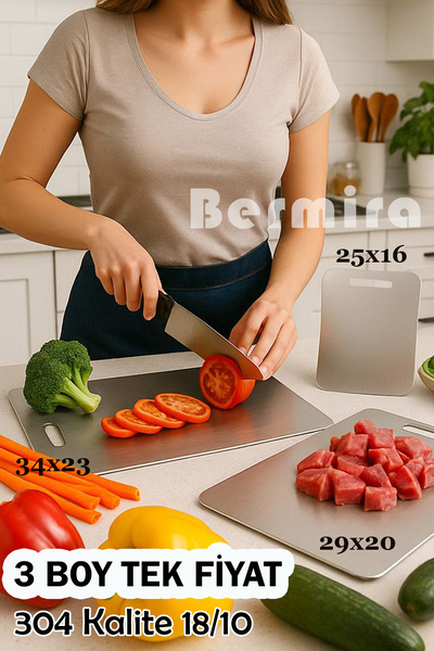 BERMİRA Home Collection 3 Boy 18/10 Paslanmaz Çelik Kesme Tahtası | 3 Al 2 Öd...