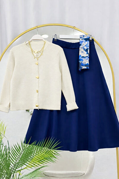 RFK Butik Women's Knitwear Gold Heart Cardigan Puff Scuba Skirt Set - White-N...